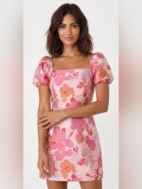 Lulu's Pink & Coral Floral Square-Neck Puff Sleeve Mini Dress Like New Size S